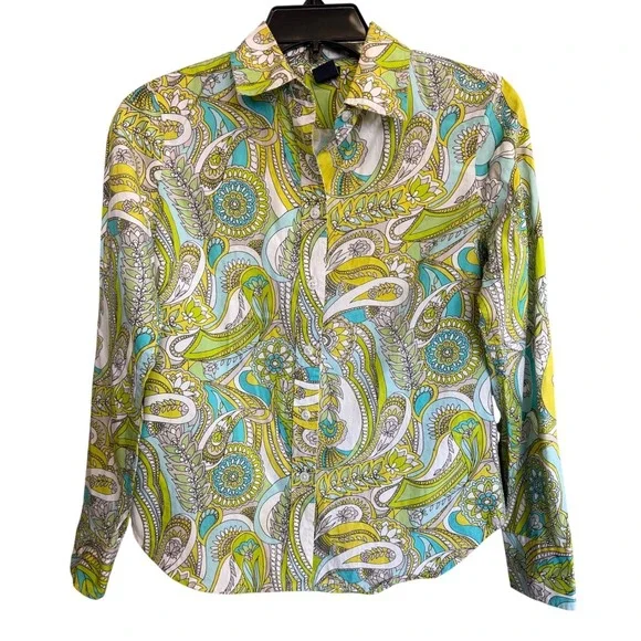 Gap Psychedelic Retro Button Down Green Blue Paisley Floral Cotton Women XS - Picture 1 of 9